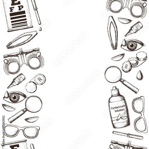Seamless vertical borders of medical optometry accessory for correct vision - contact lens,  solution, lens case eye test chart, glasses. Vector