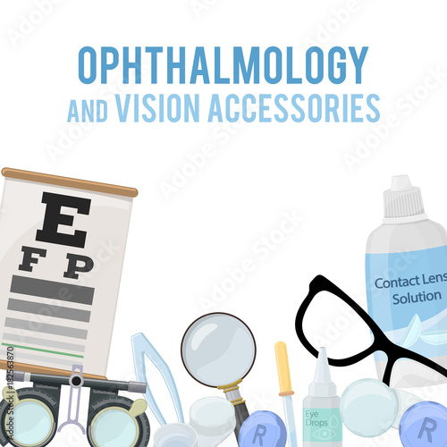 Set of medical optometry accessory for correct vision - contact lens, solution, lens case eye test chart, glasses. Vector