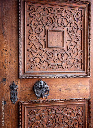 Medieval wooden door of the cathedral in Prague Castle