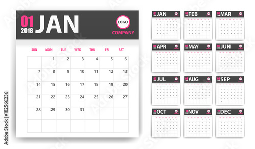 2018 calendar in paper stickers with shadow style. Grey and pink. Event planner. All size. Vector illustration
