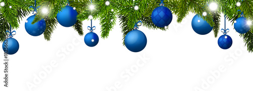 New Year banner with blue Christmas balls. Vector illustration