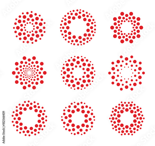 Round shape, abstract vector dots logo. Unusual circles sign set. Biology virus, innovation technology icon. Circular isolated sun. Isolated circle orange symbol collection.