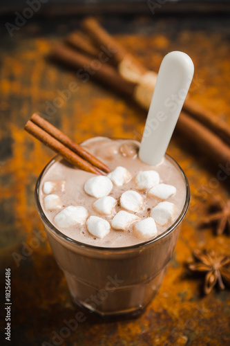 Hot chocolate with marshmallow on the wooden background. Shallow depth of field. Toned image.