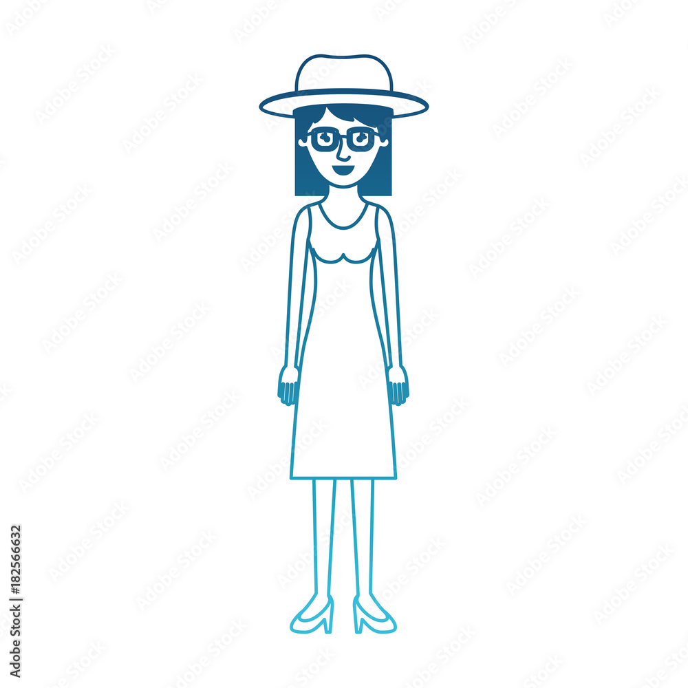 woman with hat and glasses and dress and heel shoes with mid length hair in degraded blue silhouette vector illustration woman with hat and glasses and dress and heel shoes with mid length hair in degraded blue silhouette vector illustration