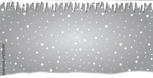 Winter silver banner with icicles. Fallen snowflakes.