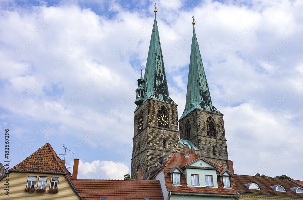 The steeples of the parish church of St. Nikolai's in Quedlinburg, Saxony-Anhalt, Germany.
