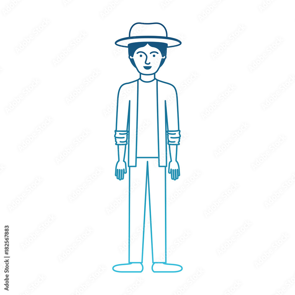 man with hat and jacket and pants and shoes with short hair in degraded blue silhouette vector illustration