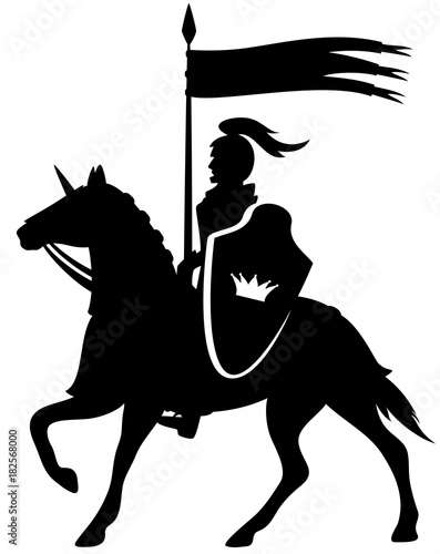 Royal knight with a crown shield riding a horse - black vector silhouette on white