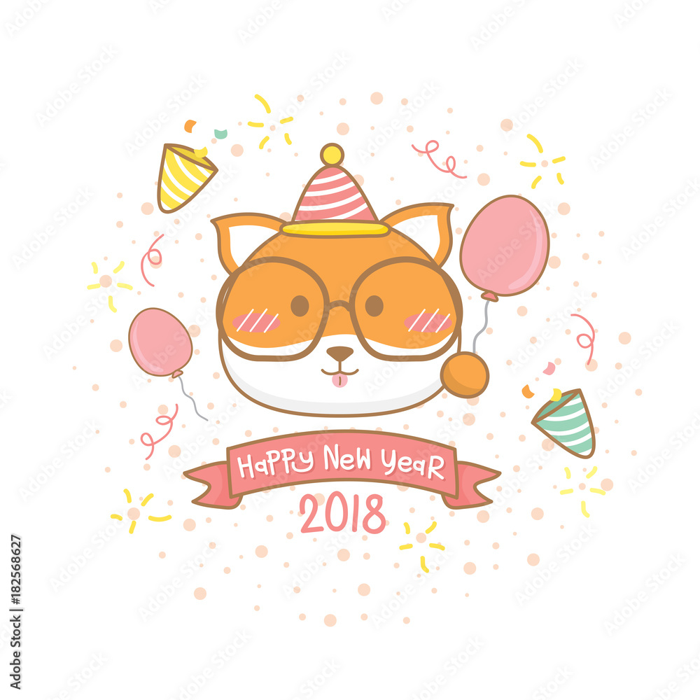 2018 Happy New year greeting card.The Chinese year of Dog celebration, hold balloons, wear eye glasses and papershoot