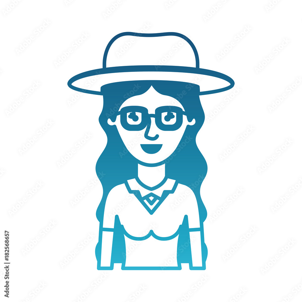 woman half body with hat and glasses and blouse with long wavy hair in degraded blue silhouette vector illustration