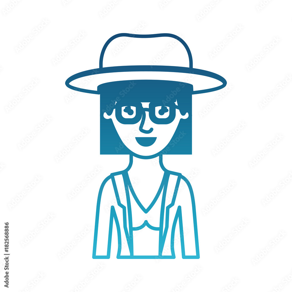 woman half body with hat and glasses and blouse with jacket with mushroom hairstyle in degraded blue silhouette vector illustration woman half body with hat and glasses and blouse with jacket with mushroom hairstyle in degraded blue silhouette vector illustration