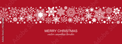 White and red seamless snowflake border, Christmas design for greeting card. Vector illustration, merry xmas snow flake header or banner, wallpaper or backdrop decor
