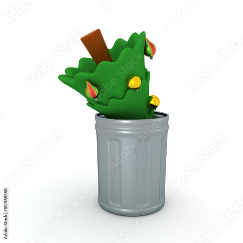 3D illustration of christmas tree thrown in a garbage can