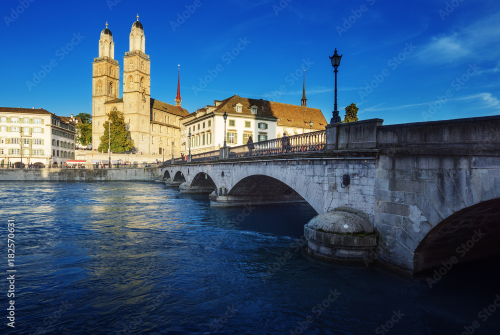 Zurich city center with famous Grossmunster and river Limmat, Switzerland