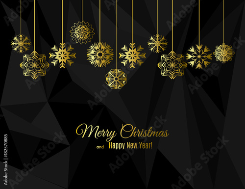 Happy new year and Merry Christmas greeting card with gold snowflakes on strings on a black polygon background. Abstract snowflake background for your holiday design. Vector illustration