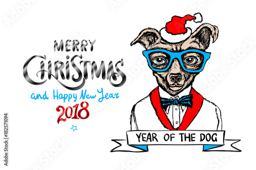 red Merry Christmas And Happy New Year 2018. vector illustration. christmas dog as santa