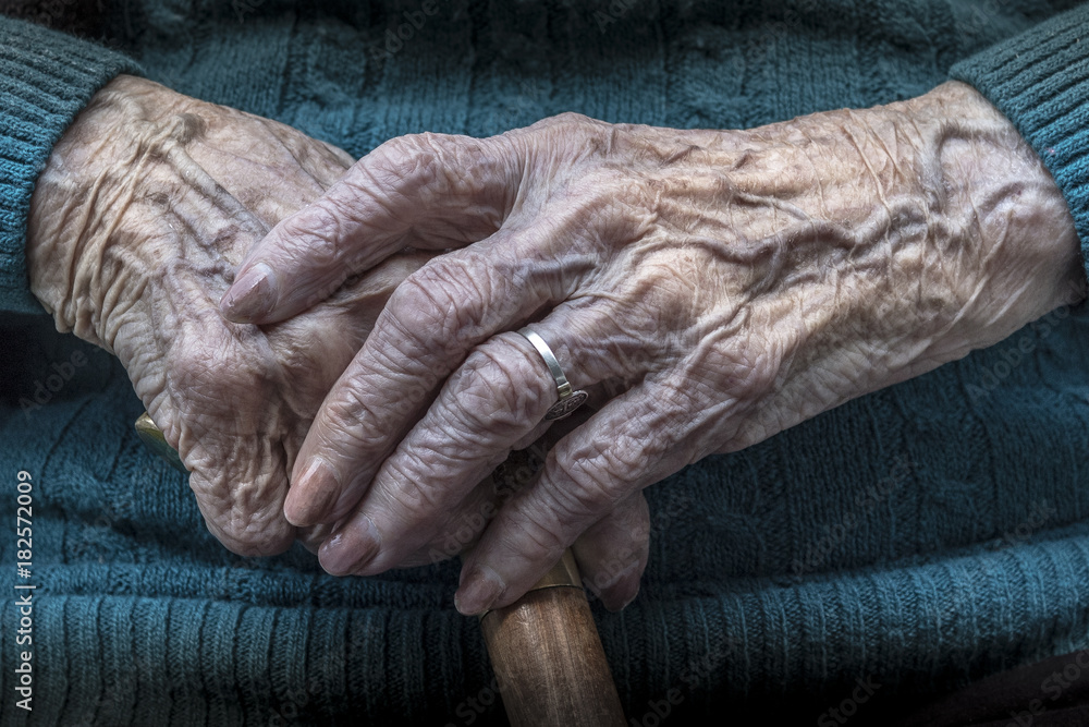 Manos de mujer anciana sosteniendo bastón de madera Stock Photo | Adobe  Stock