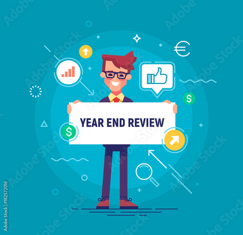 Handsome businessman holding board with title Year End Review. Project report, year end summary concept. Vector illustration in flat style.