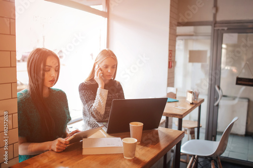 Two young business women sitting at table in cafe. Girl shows colleague information on laptop screen. Girl using smartphone, blogging. Teamwork, business meeting. Freelancers working.