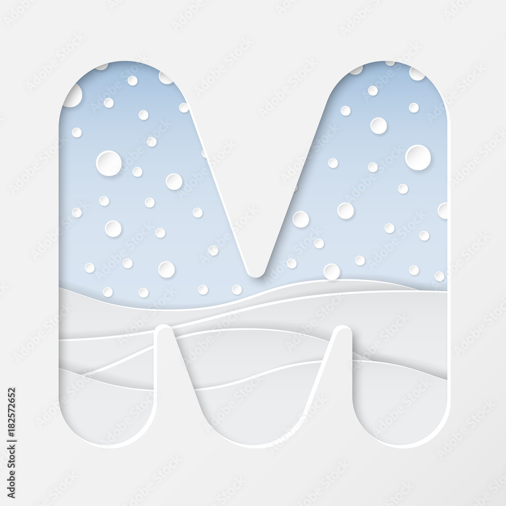 Fototapeta premium vector illustration of paper art cut letter M with winter landscape with multi layers and shadows effect