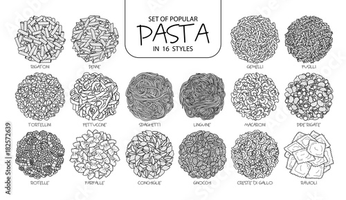 Set of isolated popular pasta in 16 styles. Cute hand drawn vector illustration of Italian food in black outline and white plane.