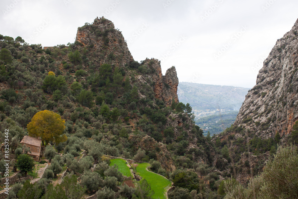 View of Biniaraix Ravine and Soller Valley surrounded by the Serra de Tramuntana mountains. Majorca, Spain