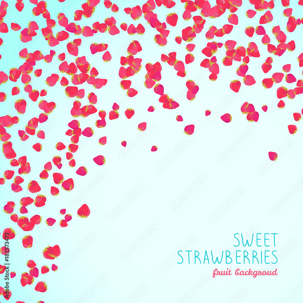 Strawberry season flyer. Postcard with copyspace. Pink berries scattered on the white background. Fresh juicy fruits. Text frame. Warm colors. Vegetarian card. Healthy lifestyle poster.