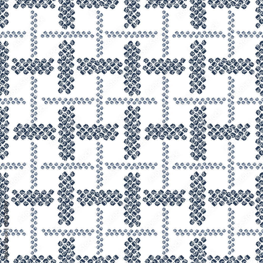 Checkered Shibori cloth motif. Japanese seamless pattern. White background. Indigo color. Classic asian dyeing technique. Plain texture for wallpaper, webpage background, surface textures.