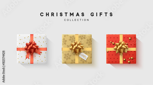 Christmas collection of gift box with bow and ribbon, is packed in funny foil pattern winter.