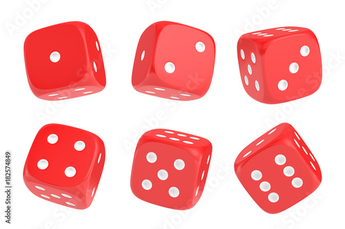 3d rendering of a set of six red dice with white dots hanging in half turn showing different numbers.