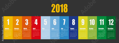 Vector template of 2018 new year calendar in clean minimal table simple style Colorful red blue green and yellow color