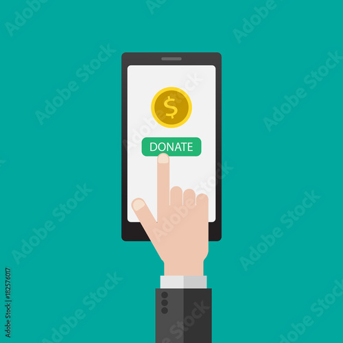 Charity, donation concept. Donate money with mobile phone. Online payment with smartphone. Business, finance. eps10 Vector illustration. Flat style.