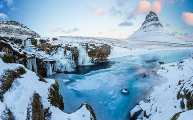 Kirkjufell waterfall with mountain in winter, Iceland