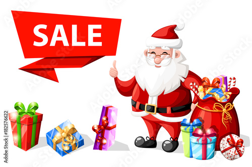 Christmas Santa Claus with thumb up gesture near sale banner with gifts holiday character vector illustration isolated on white background