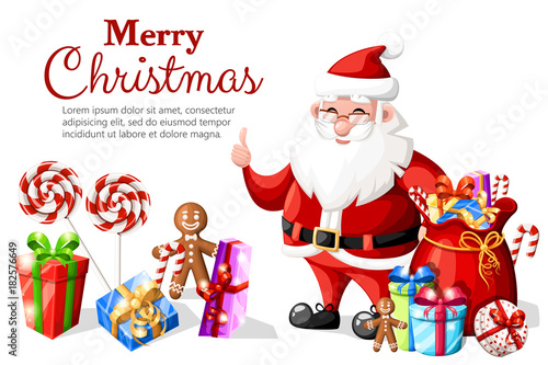 Christmas Santa Claus with thumb up gesture with red hat and gifts holiday character vector illustration isolated on white background with place for your text