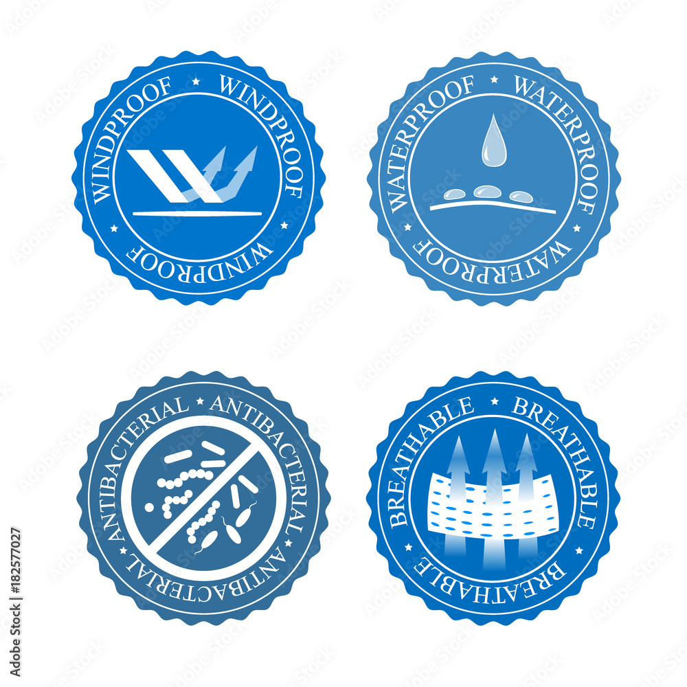 Vector icons set of fabric features. Wind proof, antibacterial, waterproof, and breathable wear labels. Textile industry pictogram for clothes.