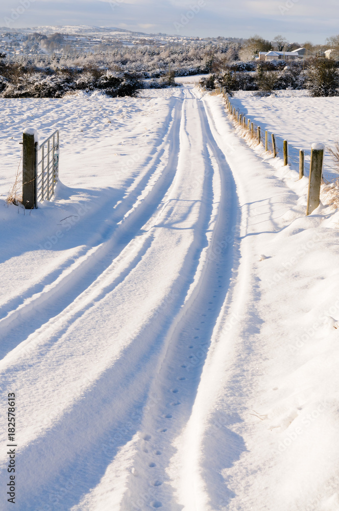 Snow covered rural lane with tyre tracks Snow covered rural lane with tyre tracks