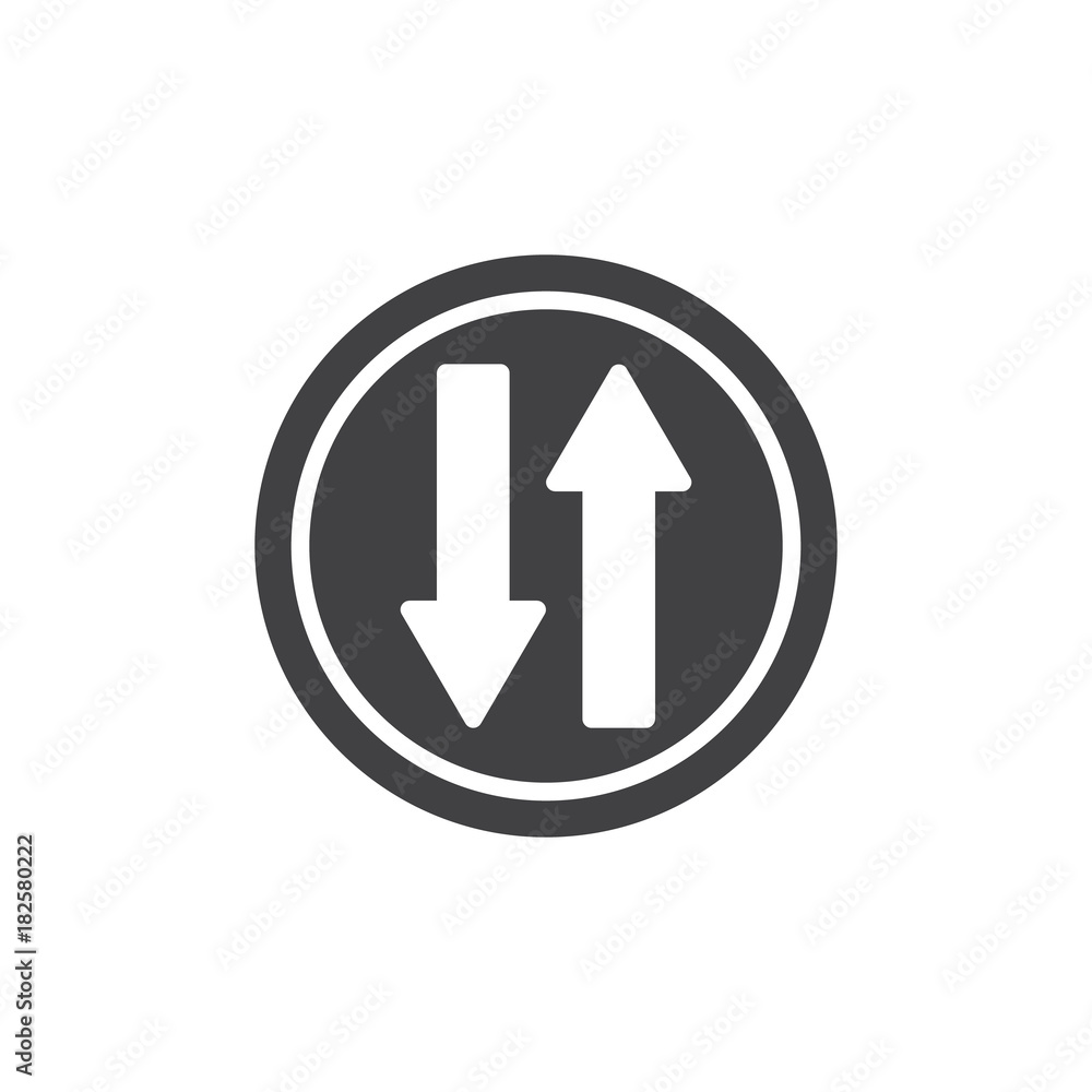 Up and down arrows traffic sign icon vector, filled flat sign, solid pictogram isolated on white. Two ways road symbol, logo illustration. Up and down arrows traffic sign icon vector, filled flat sign, solid pictogram isolated on white. Two ways road symbol, logo illustration.