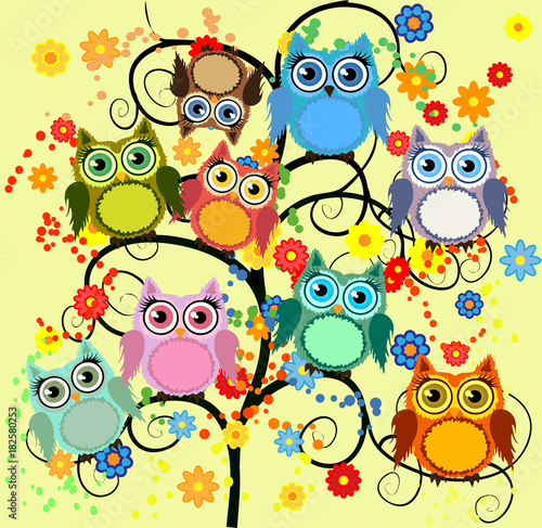 Bright cute cartoon owls sit on the flowering branches of fantastic trees