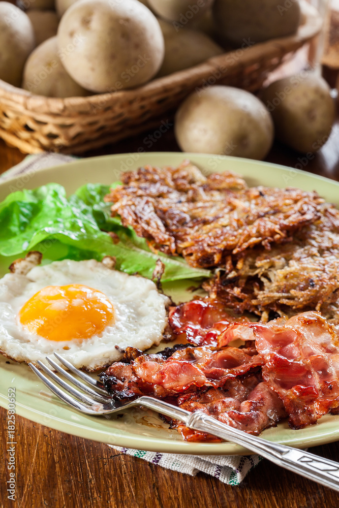 Hash browns. Potato pancakes with crispy fried bacon and fried egg Hash browns. Potato pancakes with crispy fried bacon and fried egg