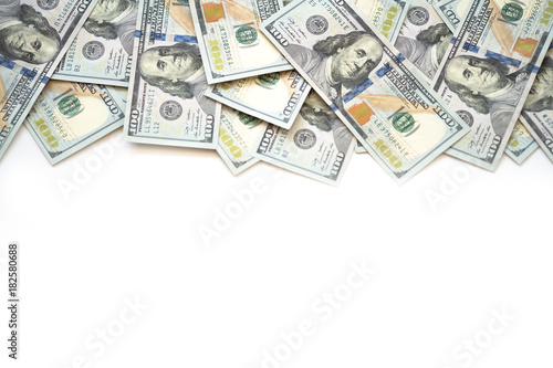 Pile of one hundred US Dollar Bills money isolated on white background with copy space for your text.