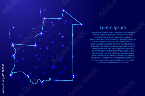 Map Mauritania from the contours network blue, luminous space stars for banner, poster, greeting card, of vector illustration