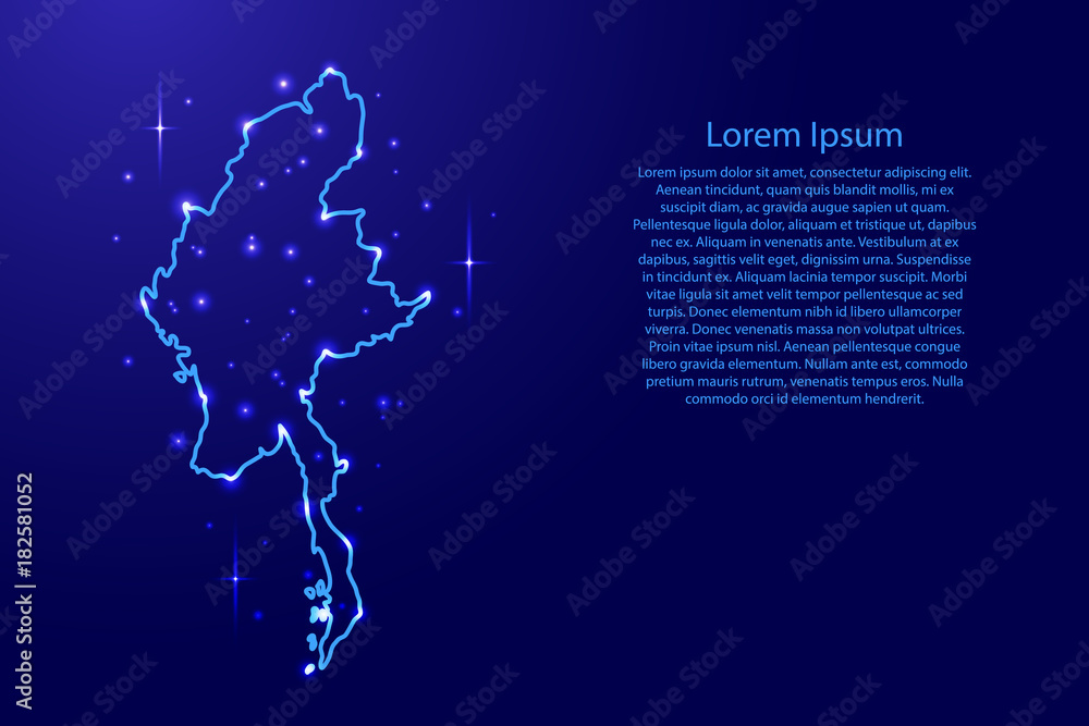 Map Myanmar from the contours network blue, luminous space stars for banner, poster, greeting card, of vector illustration