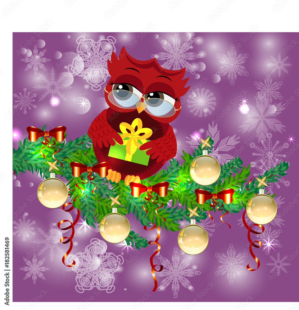 A sweet cartoon-like coquettish red owl with a Christmas present sits on a decorated with balls, bows, light-emitting spruce branches. Christmas card A sweet cartoon-like coquettish red owl with a Christmas present sits on a decorated with balls, bows, light-emitting spruce branches. Christmas card