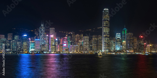 Colorful panoramic view of Hong Kong skyline on night time seen from Kowloon. Hong Kong, China. © tanarch