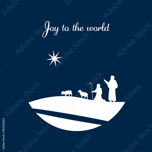 Christmas time. The shepherds in the fields with sheeps. Text : Joy to the world.