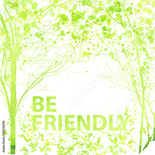 Summer and spring watercolor trees illustration, splashes ink drops and silhouettes. Ecology concept with green folliage and tree