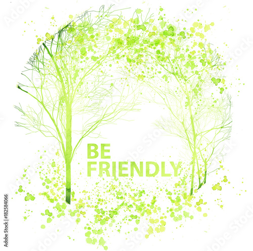 Summer and spring watercolor trees illustration, splashes ink drops and silhouettes. Ecology concept with green folliage and tree