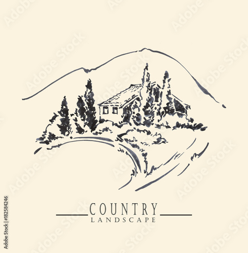 Country landscape. Ink and pen hand drawing.