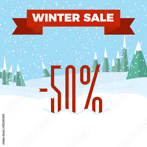 Winter Sale - Beautiful Forest, Winter Landscape, Flat, New Year, Vector Illustration